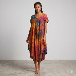 Tucan Tango Tie Dye Sharkbite Hem Tunic Dress Multicolor Boho Short Sleeve 40L